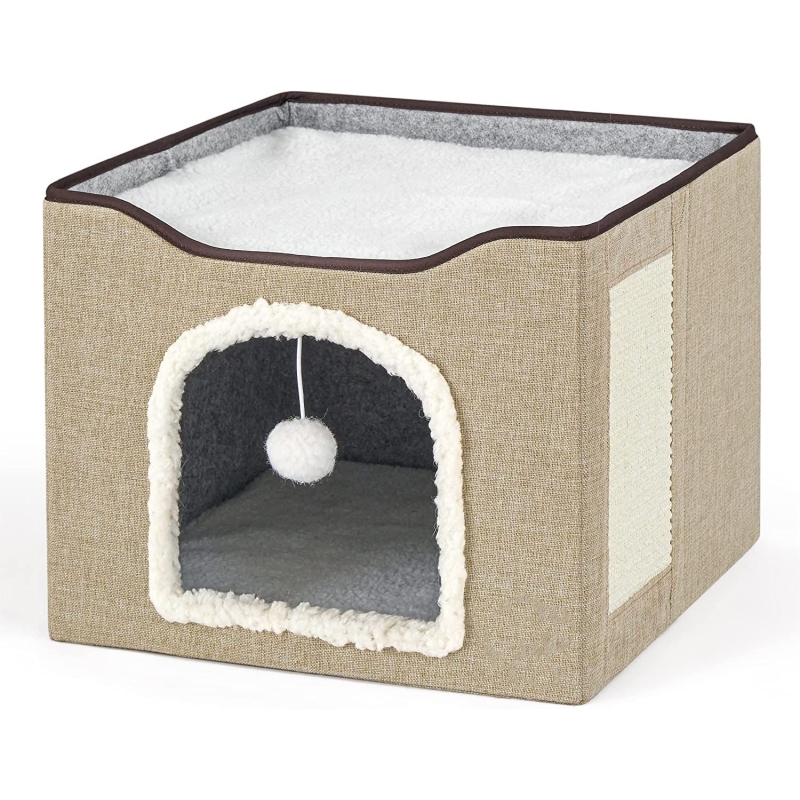 Cat Bed with Fluffy Ball Hanging and Scratch Pad
