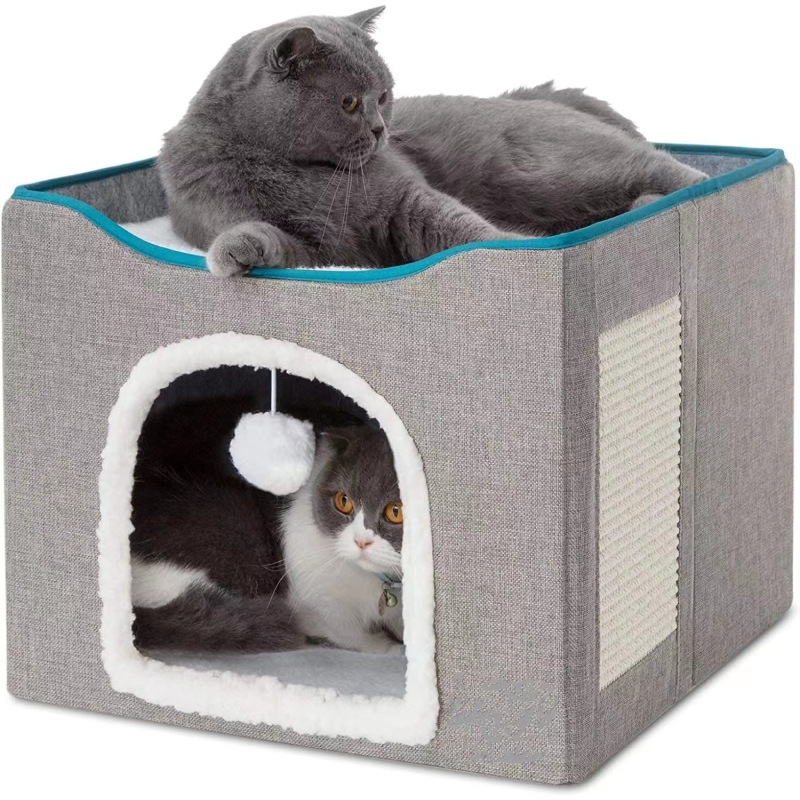Cat Bed with Fluffy Ball Hanging and Scratch Pad