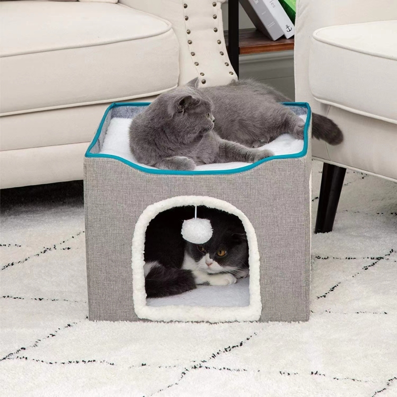 Cat Bed with Fluffy Ball Hanging and Scratch Pad
