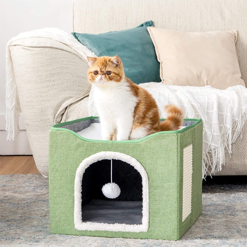 Cat Bed with Fluffy Ball Hanging and Scratch Pad