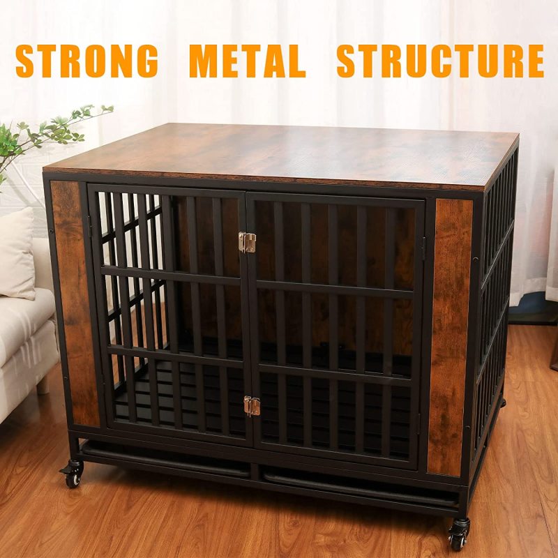 Cage Large Dogs Indoor  Wood Kennel Furniture with Lockable Wheels