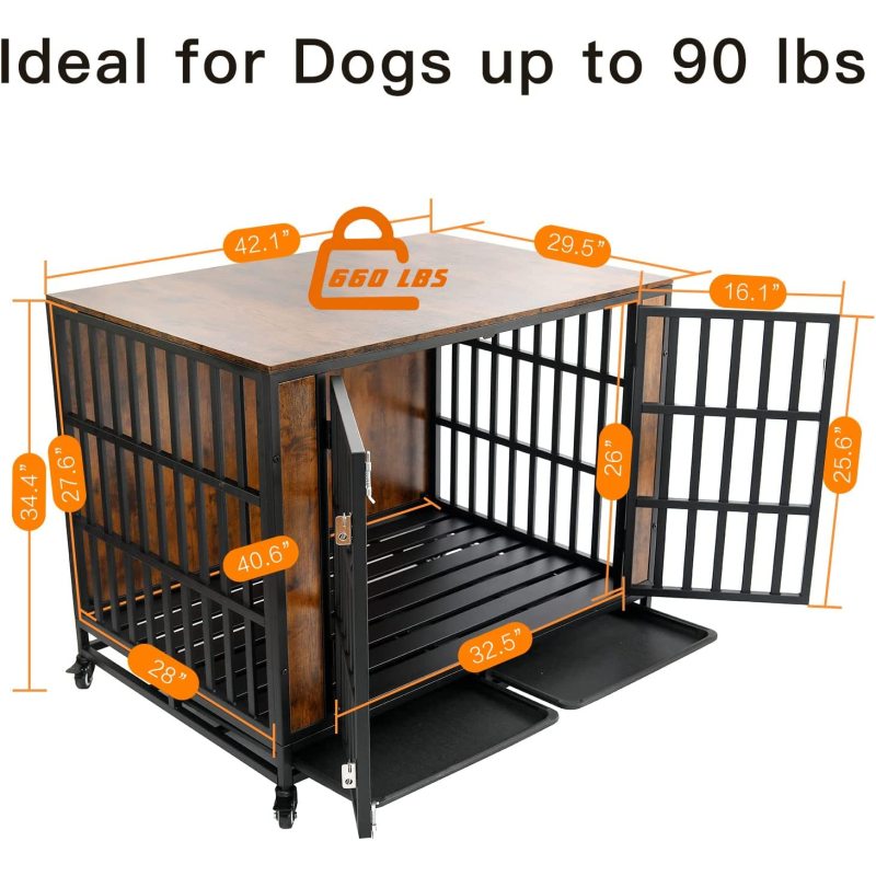 Cage Large Dogs Indoor  Wood Kennel Furniture with Lockable Wheels