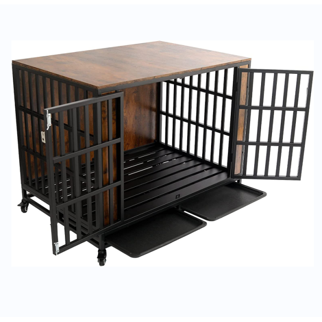 Cage Large Dogs Indoor  Wood Kennel Furniture with Lockable Wheels