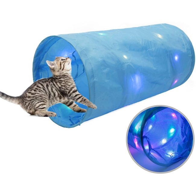 Foldable Pet Tube Cat Tunnel with LED Light in The Dark Crinkle Collapsible Kitty Tunnel Toy