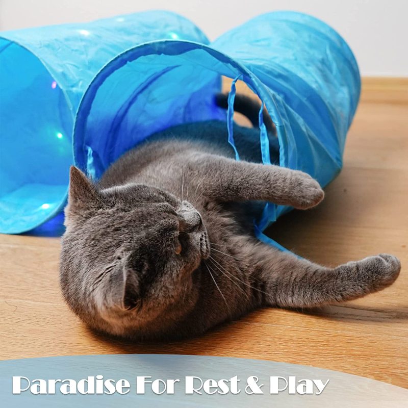 Foldable Pet Tube Cat Tunnel with LED Light in The Dark Crinkle Collapsible Kitty Tunnel Toy