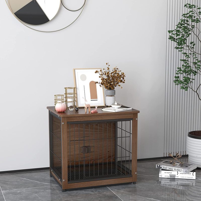 Wooden Dog Crate, Single Door Metal Wire Kennel Include Plastic Tray, Slide Bolt Latches, and Carry Handle