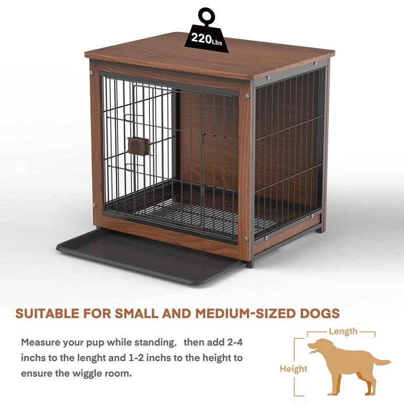 Wooden Dog Crate, Single Door Metal Wire Kennel Include Plastic Tray, Slide Bolt Latches, and Carry Handle