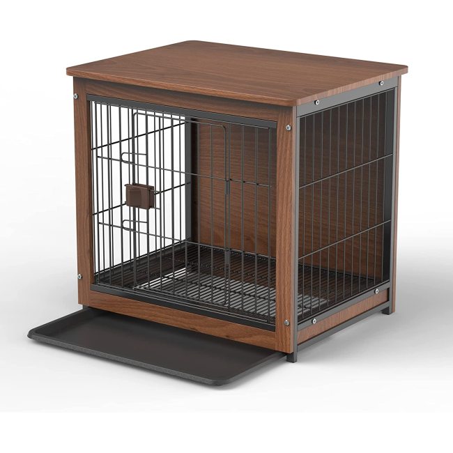 Wooden Dog Crate, Single Door Metal Wire Kennel Include Plastic Tray, Slide Bolt Latches, and Carry Handle