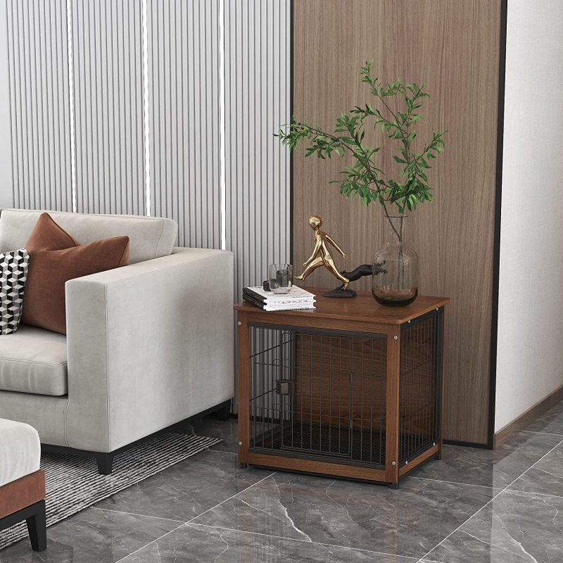 Wooden Dog Crate, Single Door Metal Wire Kennel Include Plastic Tray, Slide Bolt Latches, and Carry Handle