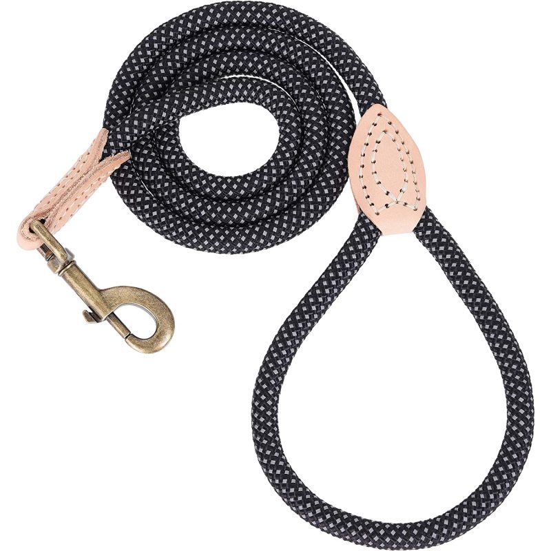Reflective Dog Chew Proof Dog Leash Climbing Rope Leash w Leather