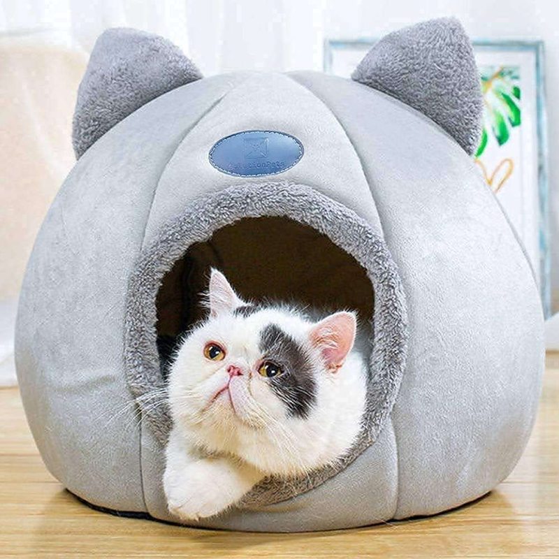 Self Warming Cat Dog Cushion Bed House Calming Removable Cave Tent Sleeping Bag Hooded Faux Fur Pet Bed Burrow Hut Pet Condo