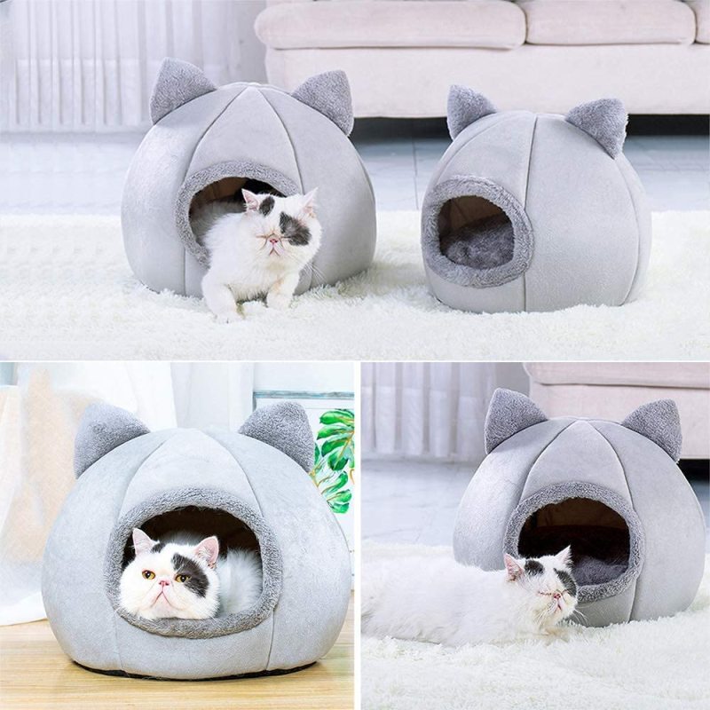 Self Warming Cat Dog Cushion Bed House Calming Removable Cave Tent Sleeping Bag Hooded Faux Fur Pet Bed Burrow Hut Pet Condo