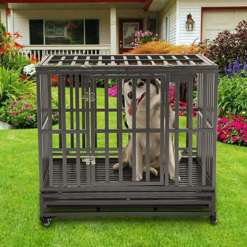 Heavy Duty Dog Crate Large Dog Cage Metal Dog Kennels and Crates for Large Dogs Indoor Outdoor with Double Doors, Locks, Lockabl