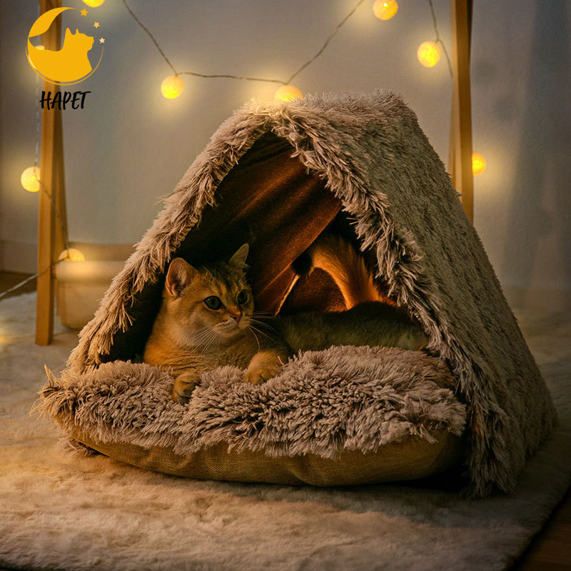 Warming Kitten Bed Winter Cat Cave Cozy Burrow Soft Plush Cat Dome Triangle Nest for Indoor Cats
