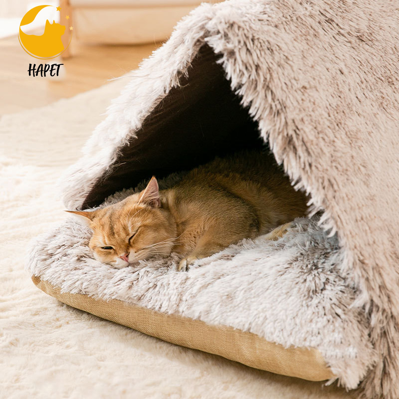 Warming Kitten Bed Winter Cat Cave Cozy Burrow Soft Plush Cat Dome Triangle Nest for Indoor Cats