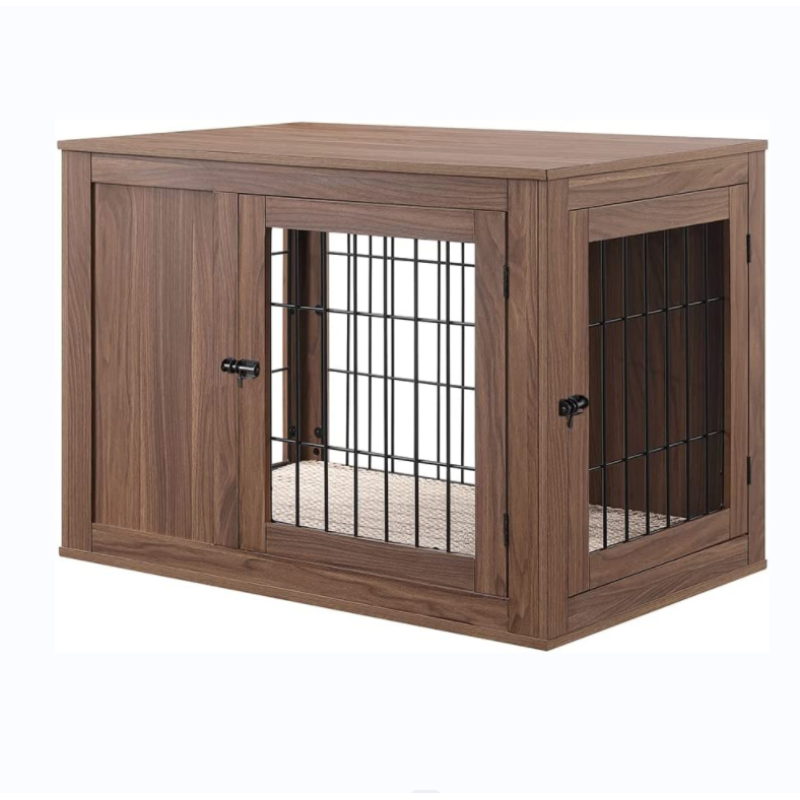 Double Doors Wooden Wire Pet Kennel Dog Crate End Table with Cushion