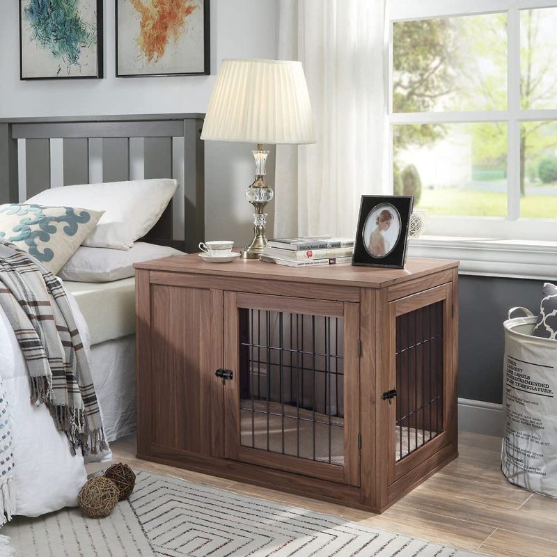 Double Doors Wooden Wire Pet Kennel Dog Crate End Table with Cushion