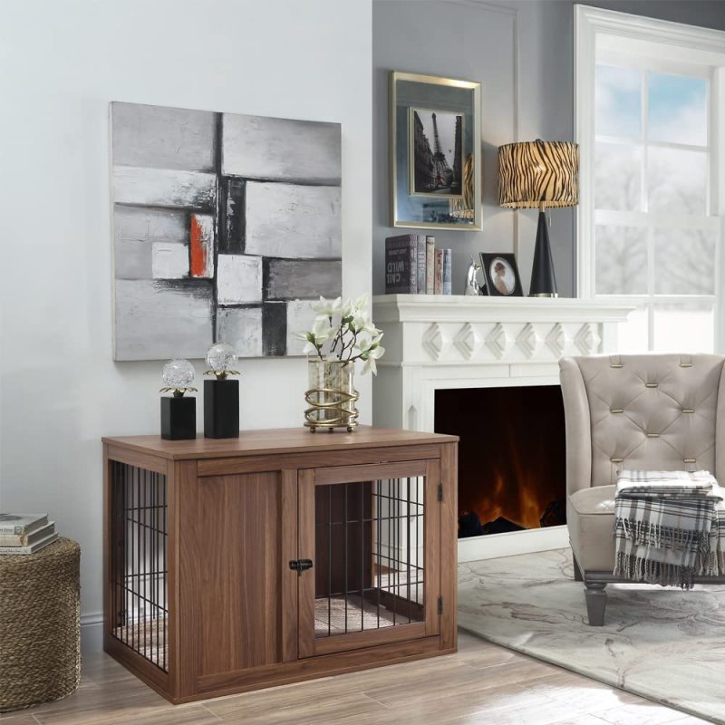 Double Doors Wooden Wire Pet Kennel Dog Crate End Table with Cushion