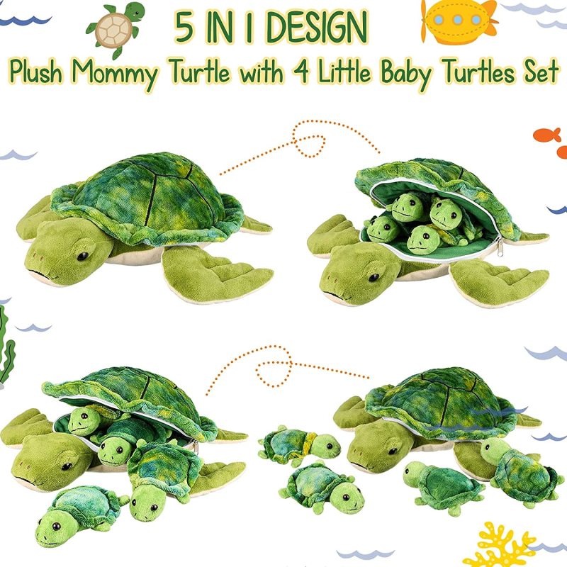 5 Pieces Plush Turtle Set 12 Inch Stuffed Sea Turtle Mom with 4 Little Plush Turtles Soft Plush Stuffed Animal Toys Tortoise Hug