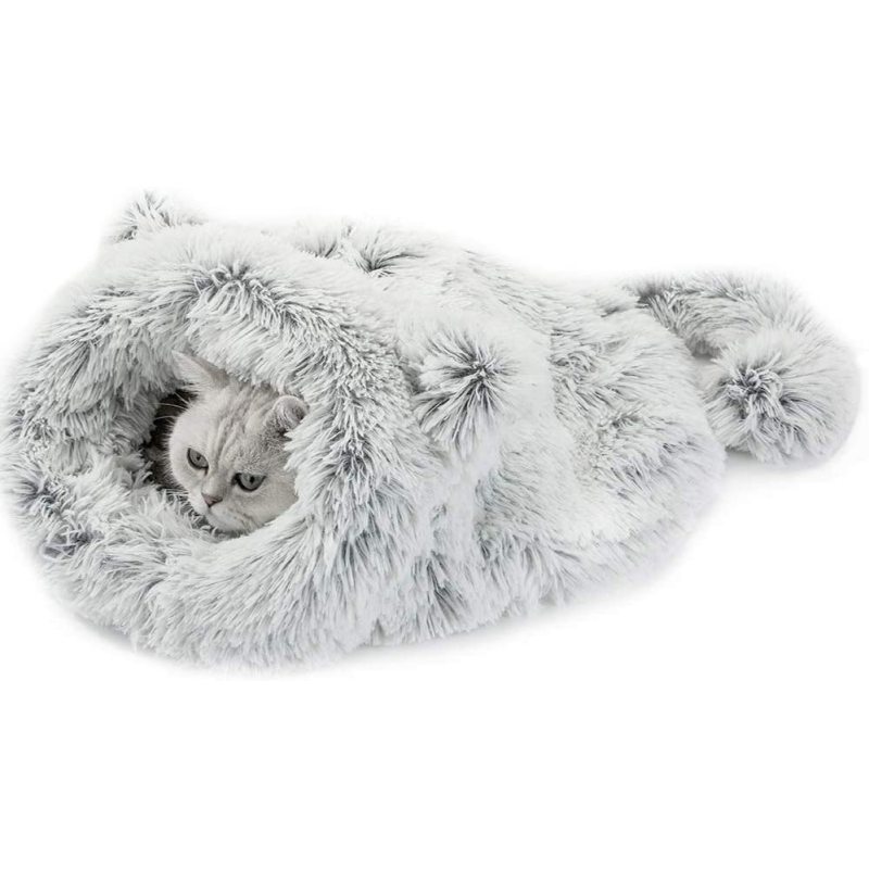 Self Warming Portable Cat Dog Cushion Bed Pad Sack Calming Cave Sleeping Bag Nest Hooded Pet Bed Burrow Hut Plush Pet Bed Mat