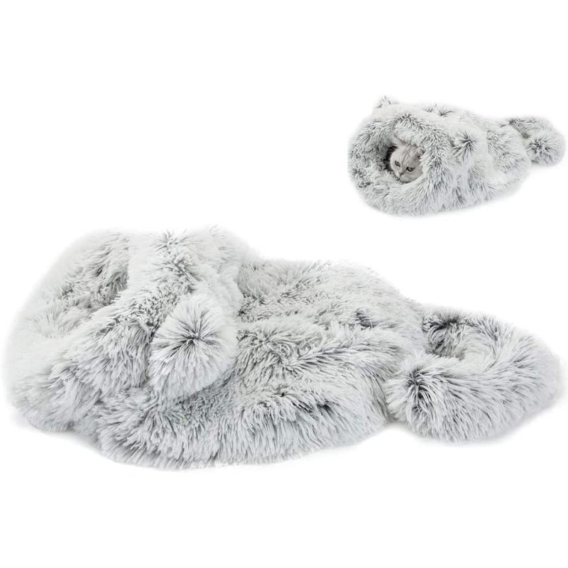Self Warming Portable Cat Dog Cushion Bed Pad Sack Calming Cave Sleeping Bag Nest Hooded Pet Bed Burrow Hut Plush Pet Bed Mat