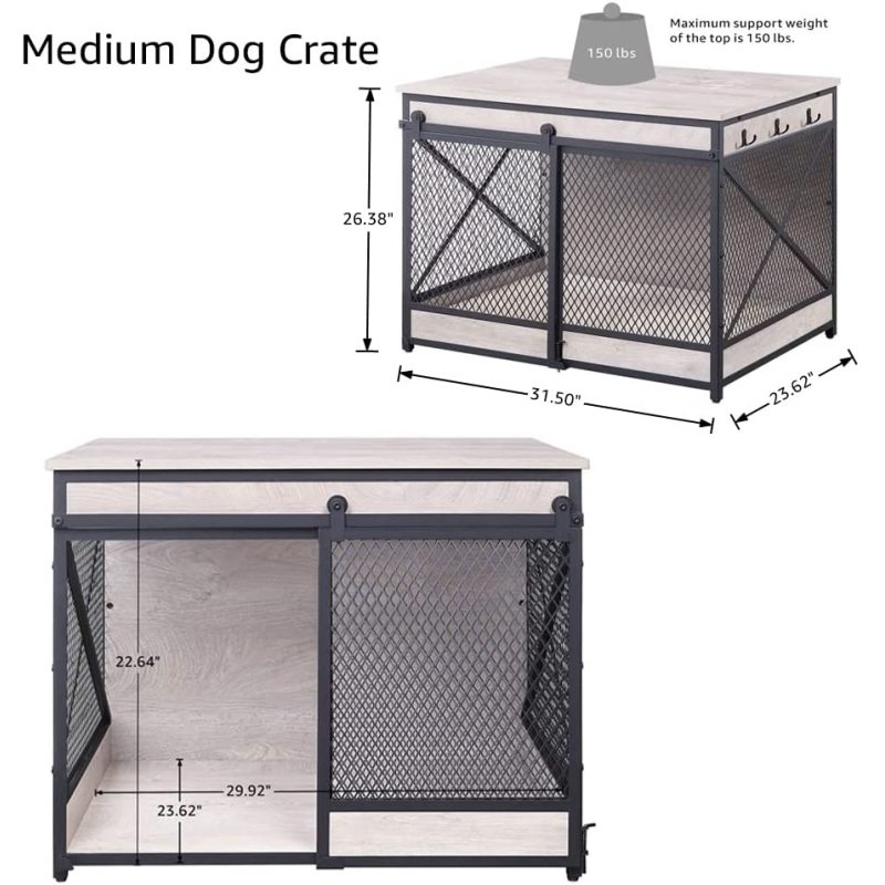 Dog Crate End Table Mesh Pet Kennels with Cushion and Hooks