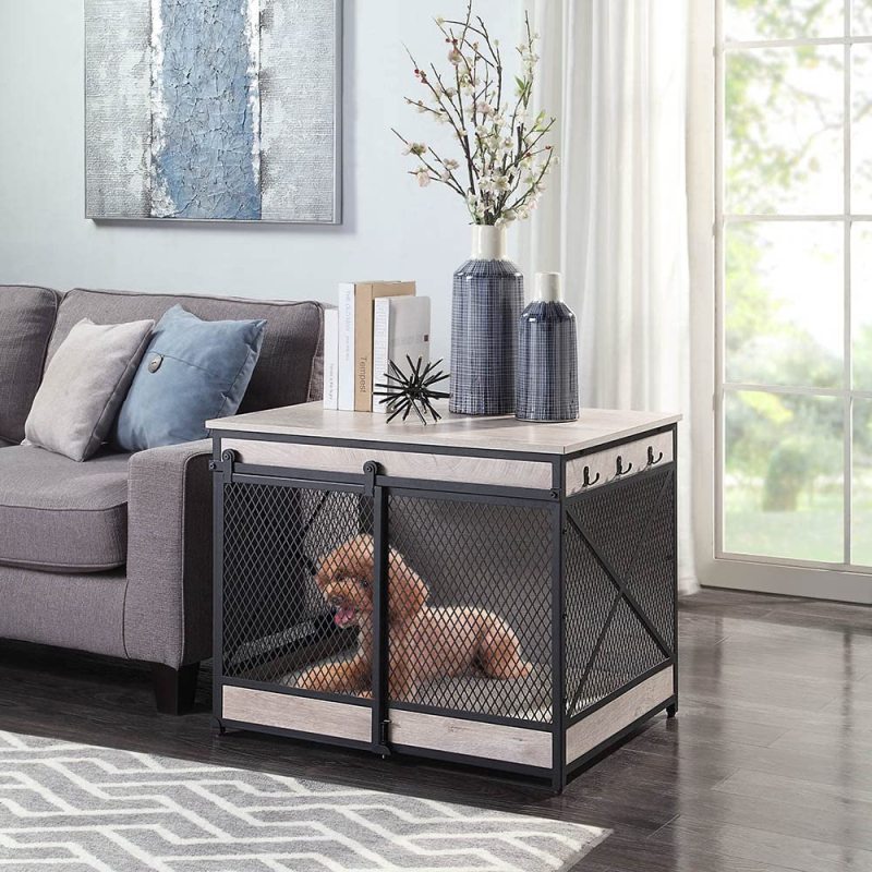 Dog Crate End Table Mesh Pet Kennels with Cushion and Hooks