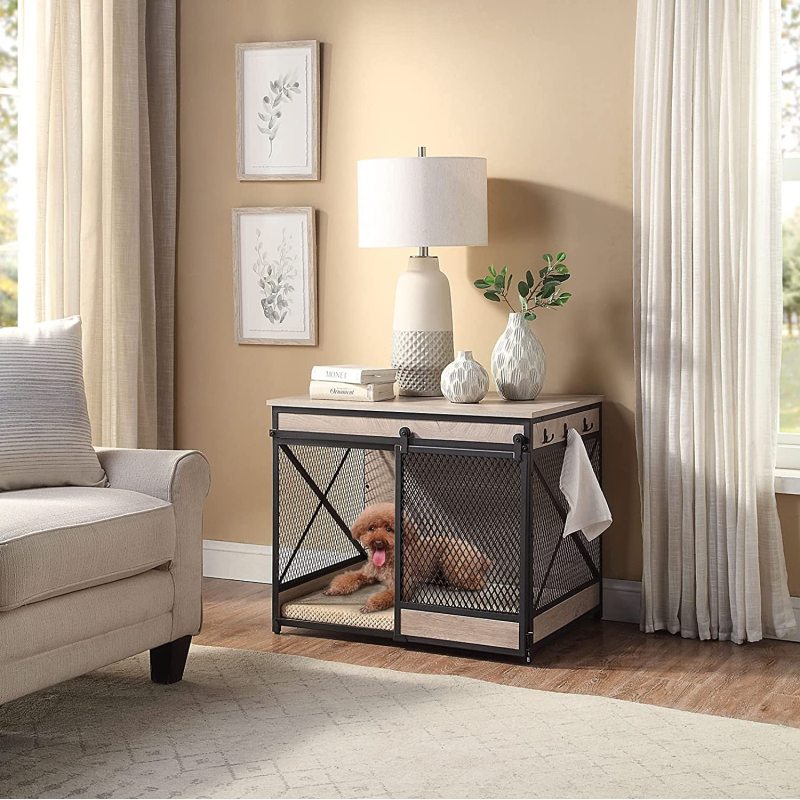 Dog Crate End Table Mesh Pet Kennels with Cushion and Hooks