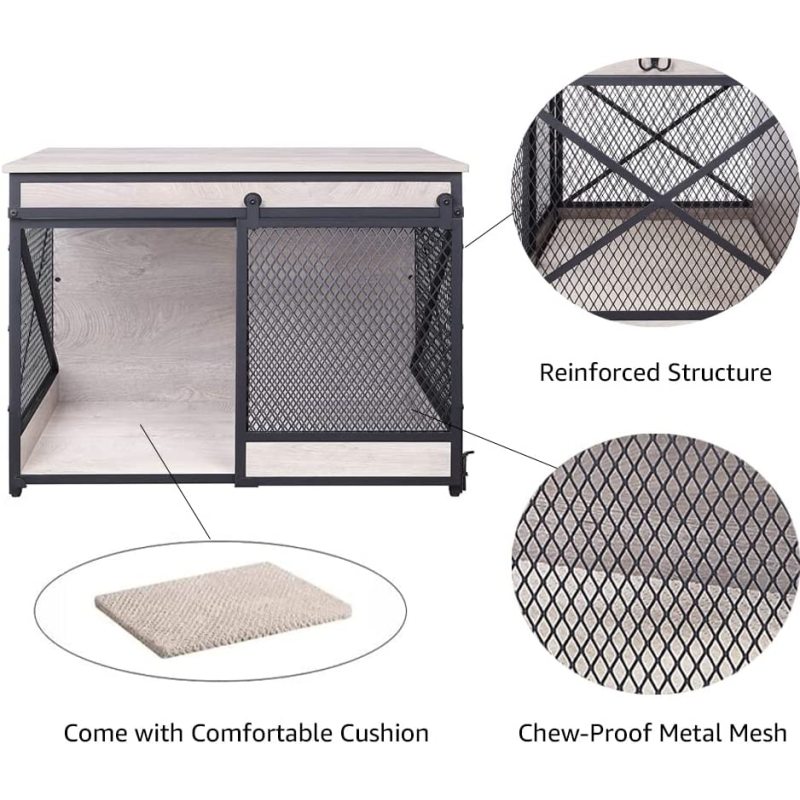 Dog Crate End Table Mesh Pet Kennels with Cushion and Hooks