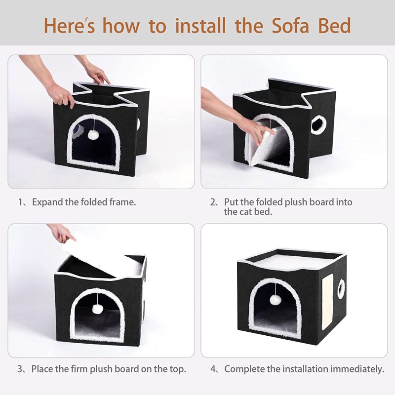Indoor Cave Condo Foldable Soft Cat House Cube Hideaway with Scratch Pad and Fluffy Ball Hanging