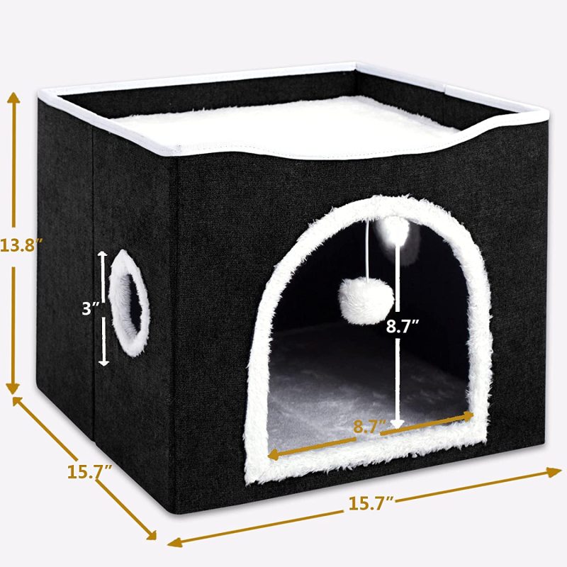 Indoor Cave Condo Foldable Soft Cat House Cube Hideaway with Scratch Pad and Fluffy Ball Hanging