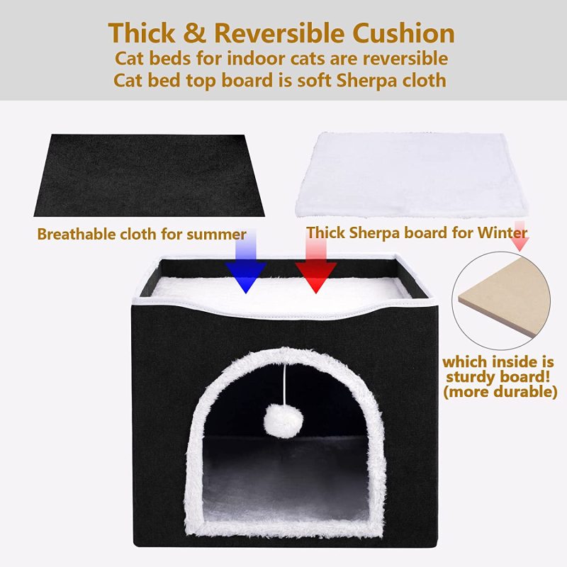 Indoor Cave Condo Foldable Soft Cat House Cube Hideaway with Scratch Pad and Fluffy Ball Hanging