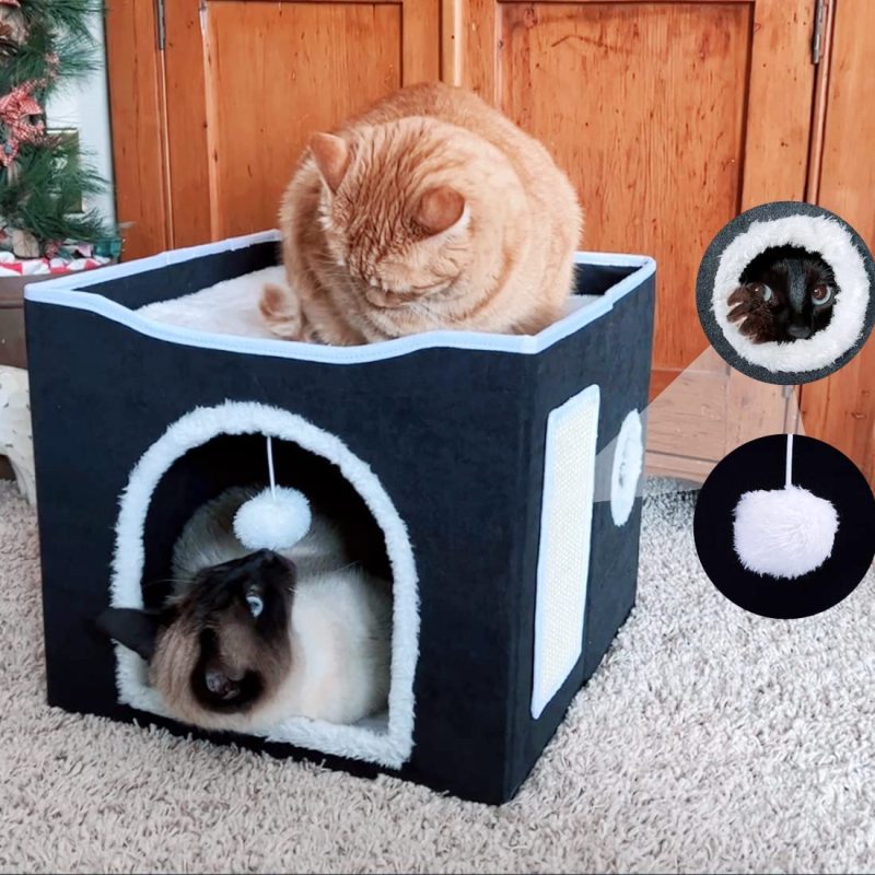 Indoor Cave Condo Foldable Soft Cat House Cube Hideaway with Scratch Pad and Fluffy Ball Hanging
