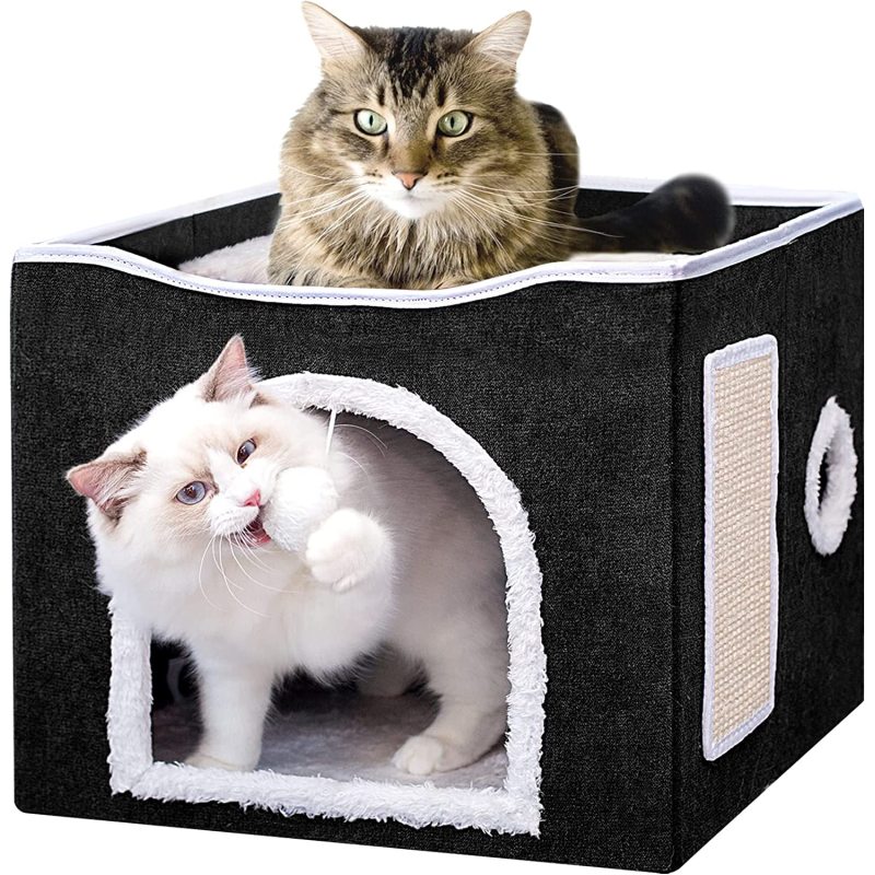Indoor Cave Condo Foldable Soft Cat House Cube Hideaway with Scratch Pad and Fluffy Ball Hanging