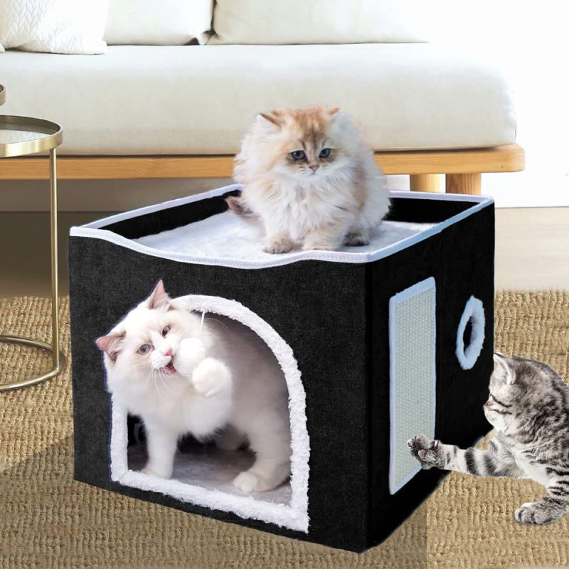 Indoor Cave Condo Foldable Soft Cat House Cube Hideaway with Scratch Pad and Fluffy Ball Hanging