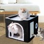 Indoor Cave Condo Foldable Soft Cat House Cube Hideaway with Scratch Pad and Fluffy Ball Hanging