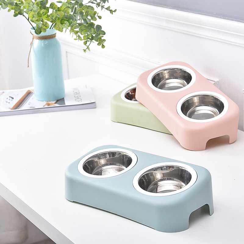 Double Dog Cat Bowls Double Premium Stainless Steel Pet Bowls with Cute Modeling Pet Food Water Feeder