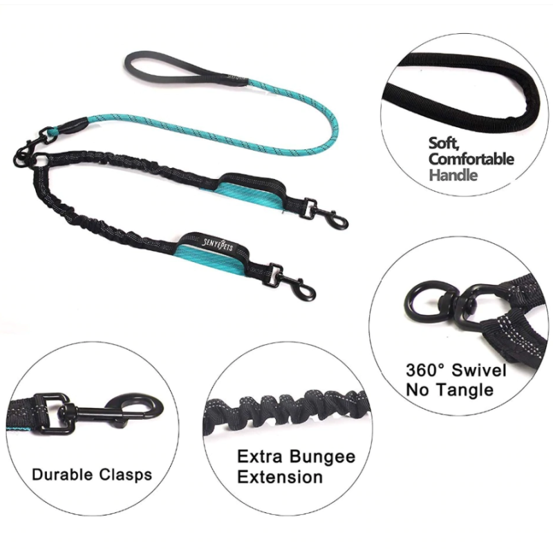 Double Leash Dog Walking Training Retraction Rope Double Dog Leash Reflective Detachable Pet Dog Bungee Elastic Double Leash