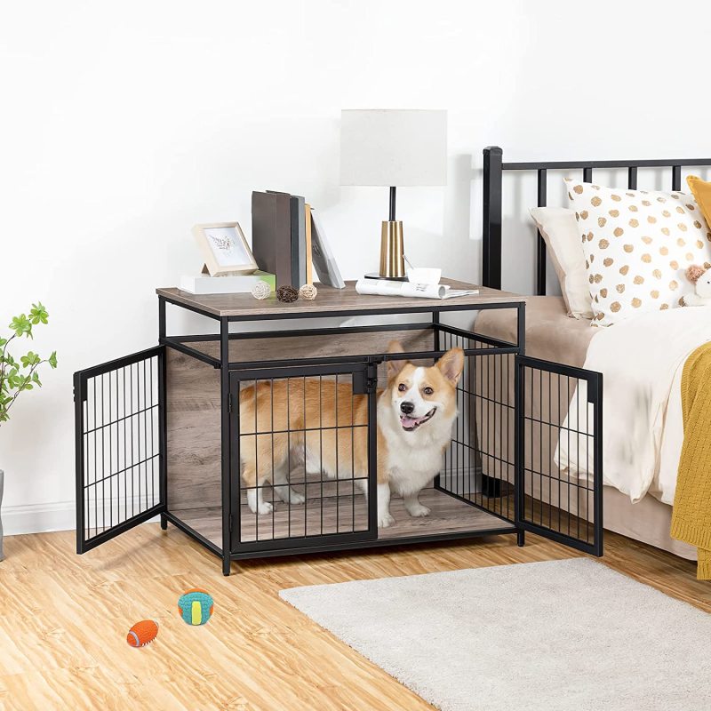 Dog Crate Furniture, Wooden Dog Crate End Side Table, Dog Kennels with 3 Doors Indoor, Decorative Style Mesh Pet Crate for Large
