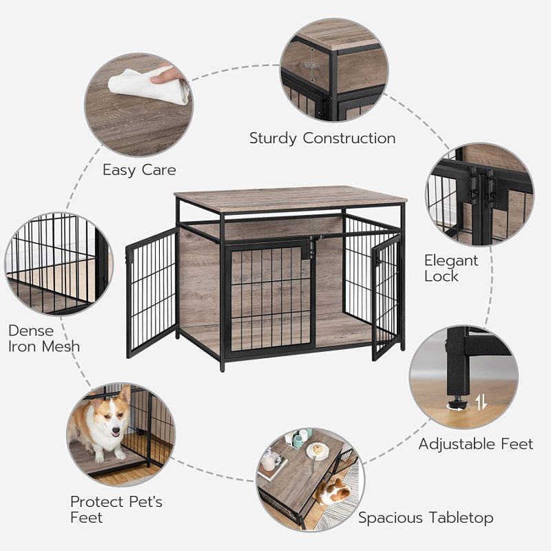 Dog Crate Furniture, Wooden Dog Crate End Side Table, Dog Kennels with 3 Doors Indoor, Decorative Style Mesh Pet Crate for Large