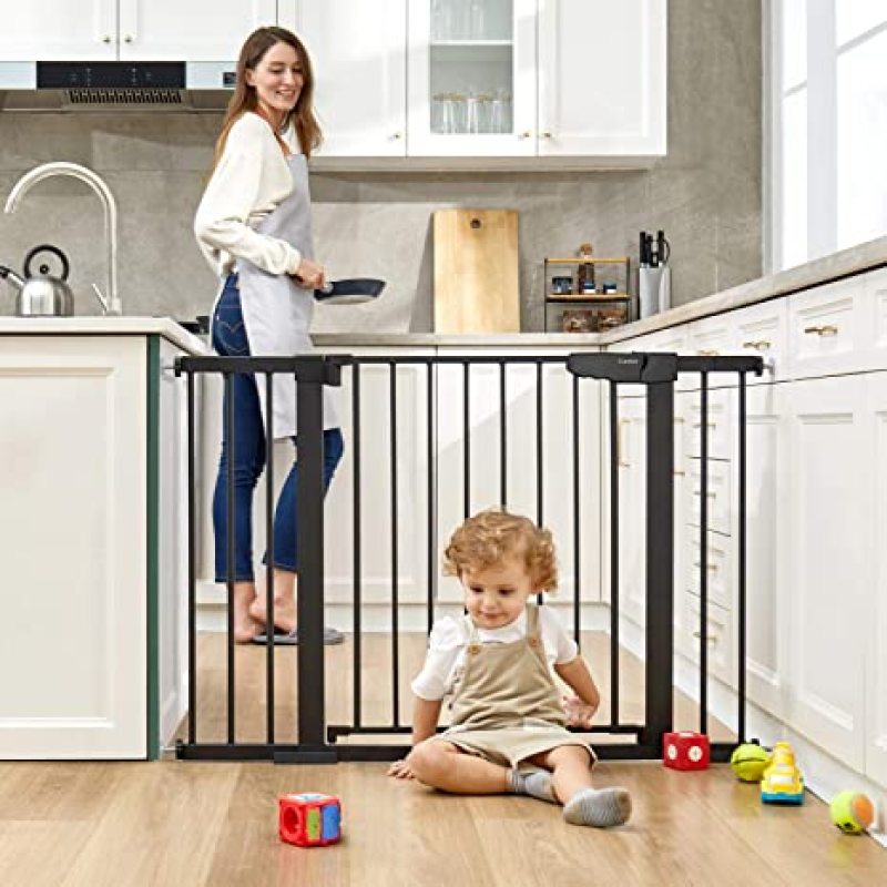 Auto Close Safety Baby Gate,Easy Walk Thru Durability Dog Gate for House, Stairs, Doorways Includes 4 Wall Cups and 2 Extension