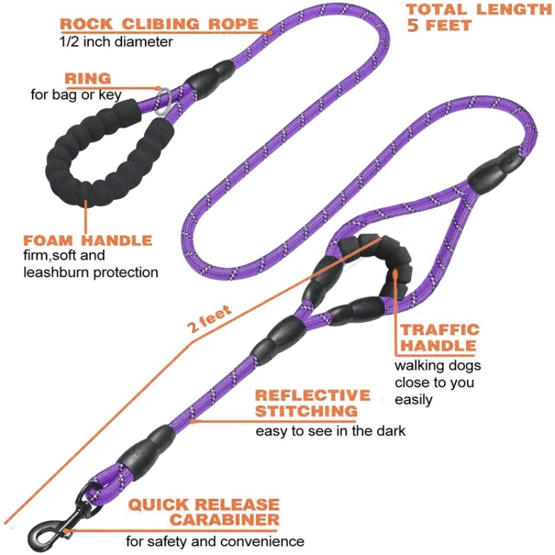 Wholesale Multifunction Custom Nylon Bungee Dog Leash Reflective Double Handle Rope Dog Leash for Training