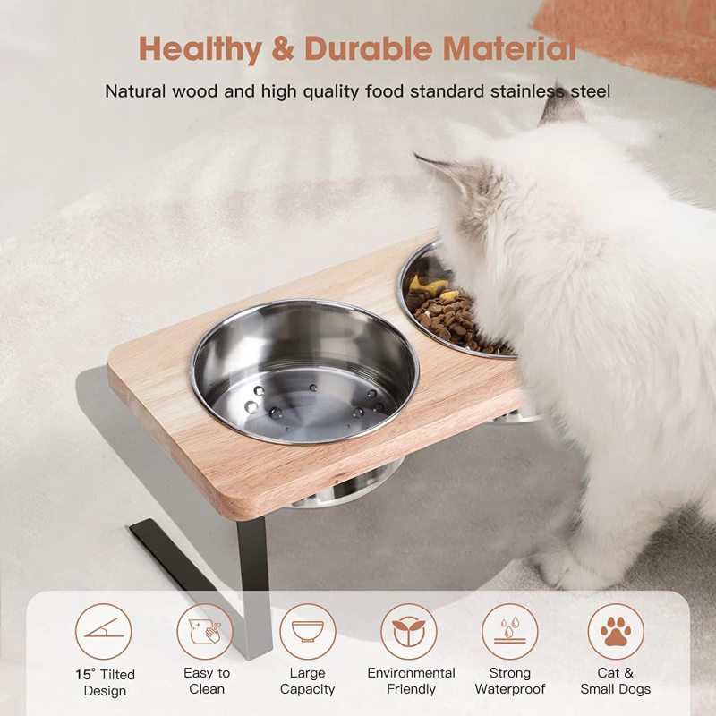 Elevated Cat Bowls 15 Degree Tilted Raised Cat Food Bowls Wood Pet Bowls Stainless Steel Bowls