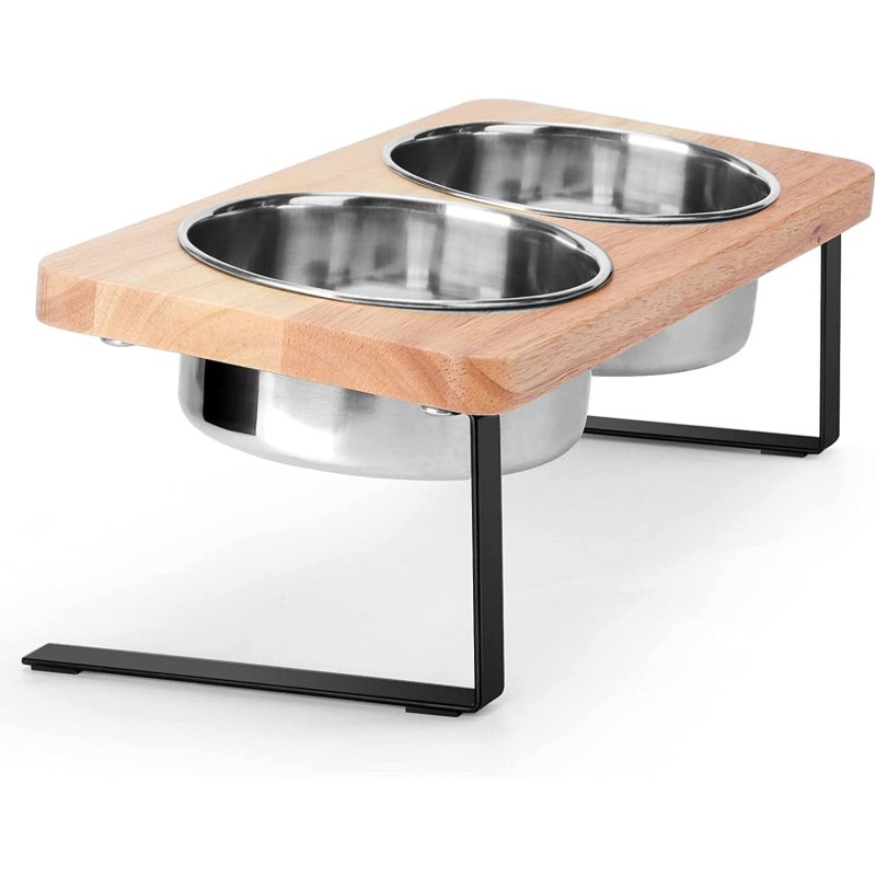 Elevated Cat Bowls 15 Degree Tilted Raised Cat Food Bowls Wood Pet Bowls Stainless Steel Bowls