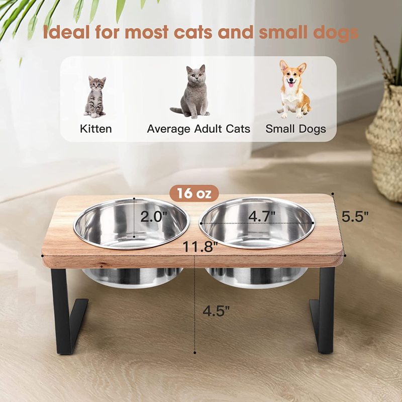 Elevated Cat Bowls 15 Degree Tilted Raised Cat Food Bowls Wood Pet Bowls Stainless Steel Bowls