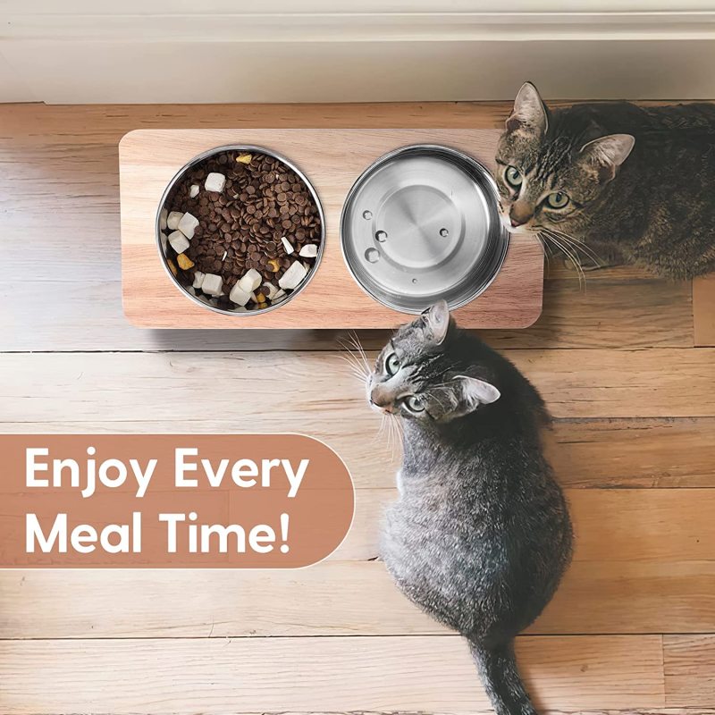 Elevated Cat Bowls 15 Degree Tilted Raised Cat Food Bowls Wood Pet Bowls Stainless Steel Bowls
