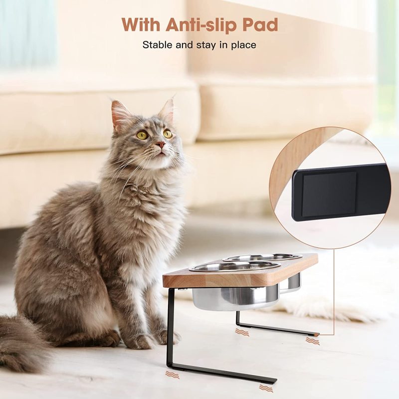 Elevated Cat Bowls 15 Degree Tilted Raised Cat Food Bowls Wood Pet Bowls Stainless Steel Bowls