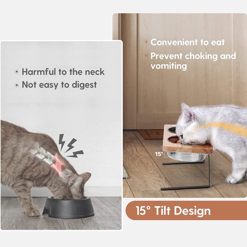 Elevated Cat Bowls 15 Degree Tilted Raised Cat Food Bowls Wood Pet Bowls Stainless Steel Bowls