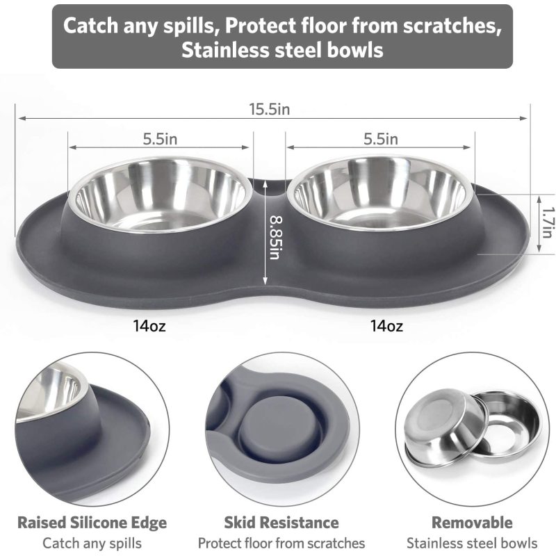 Dog Bowl Double Cat Premium Stainless Steel Water and Food Raised Bowls, Pet Feeder Set with Non-Slip Resin