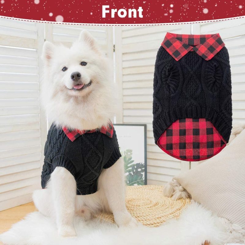 Warm Dog Sweater Winter Clothes - Plaid Patchwork Pet Doggy Knitted Sweaters Comfortable Coats for Cold Weather, Fit for Small